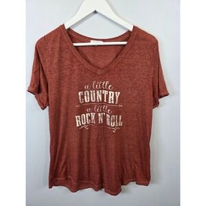 Maurices Womens Country Rock N Roll Graphic V-Neck Tee Rust Orange Large L